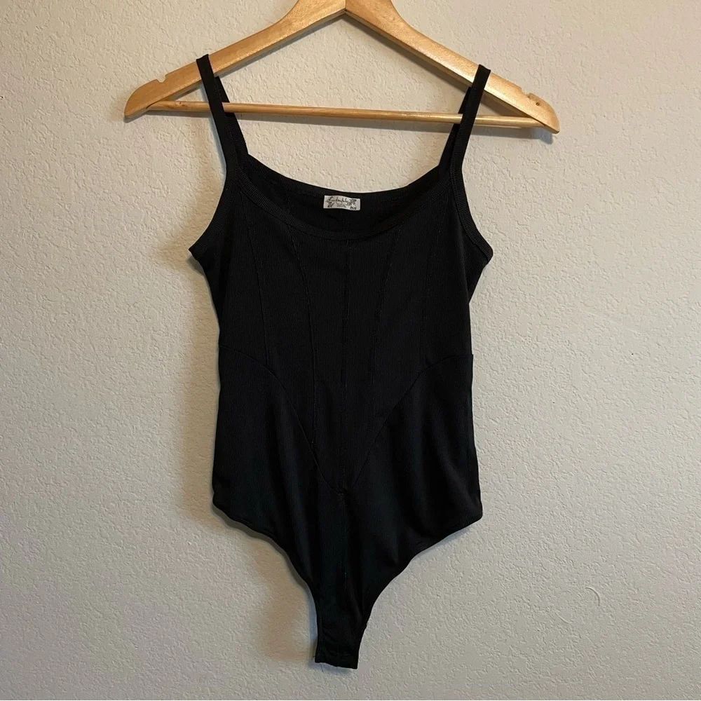 Free People Intimately Black Ribbed Thong Back Bodysuit Front Detail Size Small